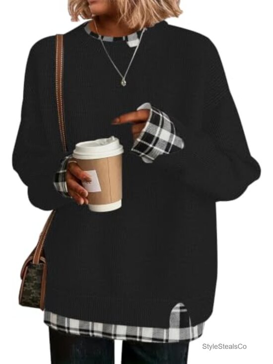 Sweaters - Women's Oversized Cut-Out Sweater Crew Neck Drop Shoulder Ribbed Knit